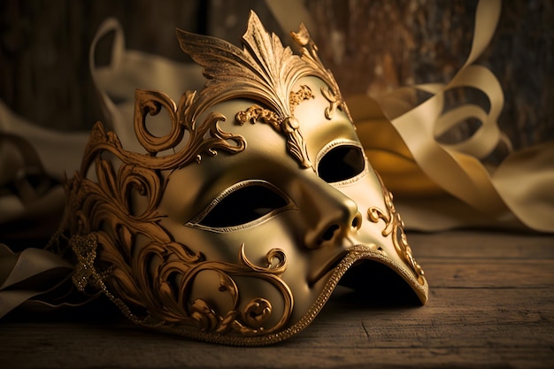 Foto maschera veneziana dorata su un tavolo di legno