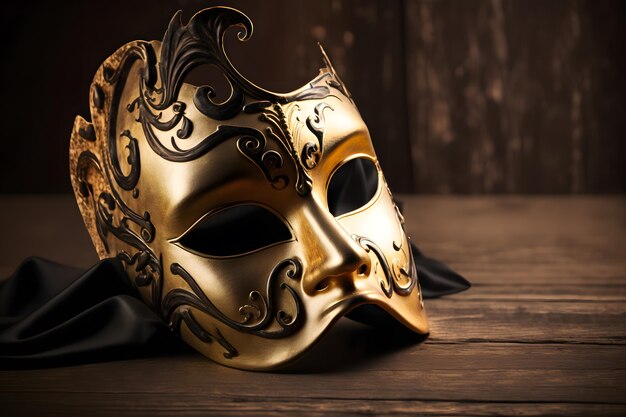 Maschera veneziana dorata su un tavolo di legno