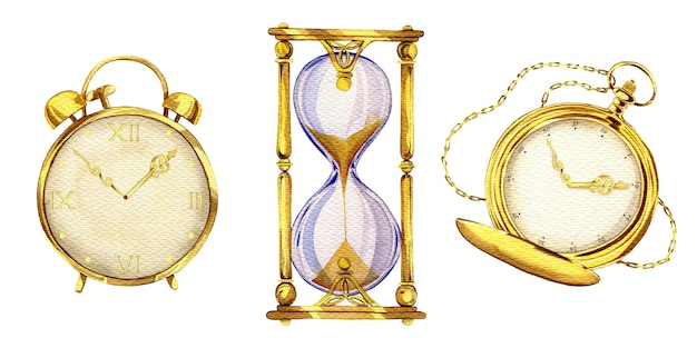 Золотые старинные карманные часы будильник Песочные часы Клипарт Акварель рисованной иллюстрации искусства Для карточек текстиль ручной работы печатает меню плакат