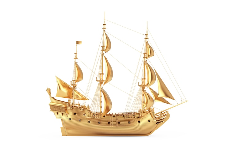 Photo golden vintage tall sailing ship, caravel, pirate ship or warship on a white background. 3d rendering