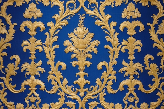 Golden wall paper with blue fabric pattern