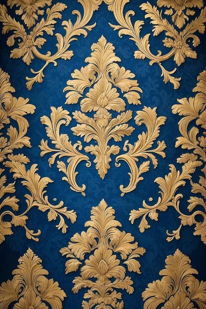 Golden wall paper with blue fabric pattern