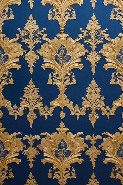 Golden wall paper with blue fabric pattern