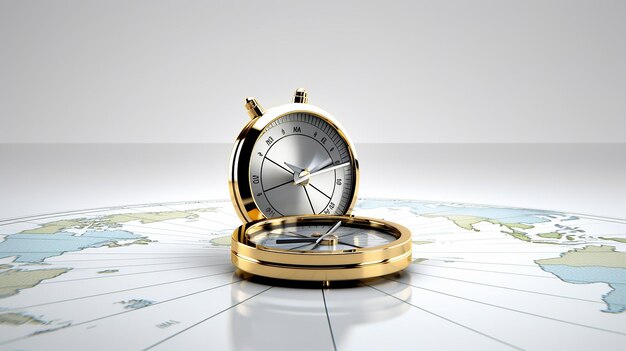 Photo a golden watch is lying on a map with a map of the world in the background