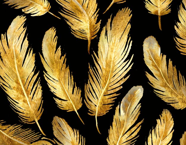 Golden watercolor feathers on a black background