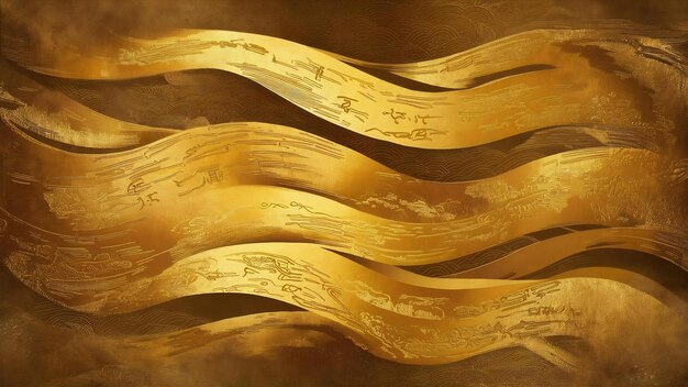黄金色のオリエンタル・ヴィンテージ・スタイルの黄金色の波状の背景 中国と日本のオリエントル・ペインティング