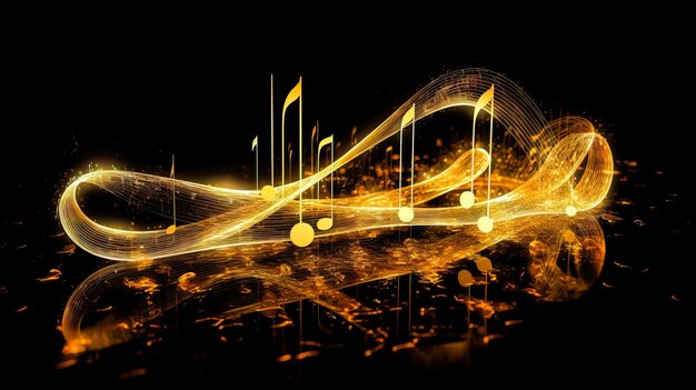 Golden Wavy Lines With Light Effect And Music Notes On Black Background Ai generated