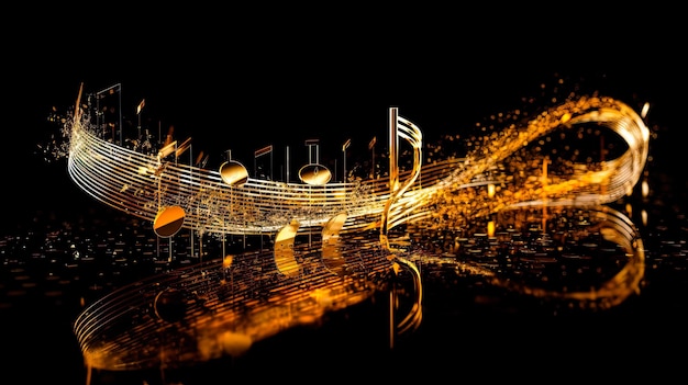 Premium AI Image | Golden Wavy Lines With Light Effect And Music Notes ...