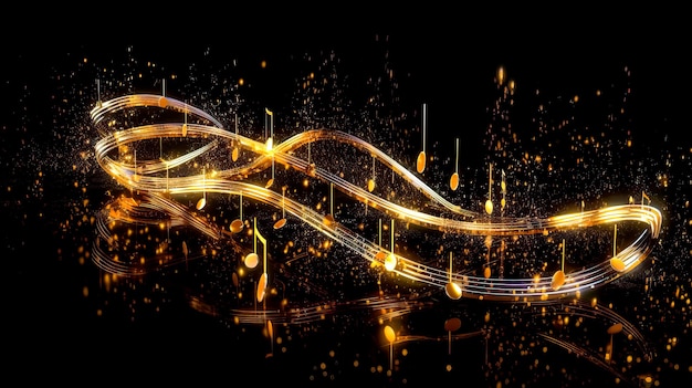 Photo golden wavy lines with light effect and music notes on black background ai generated