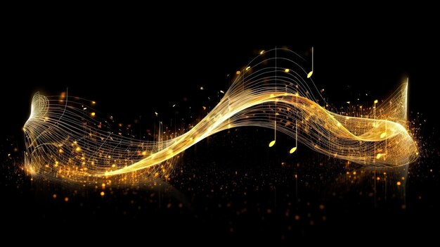 Golden Wavy Lines With Light Effect And Music Notes On Black Background Ai generated