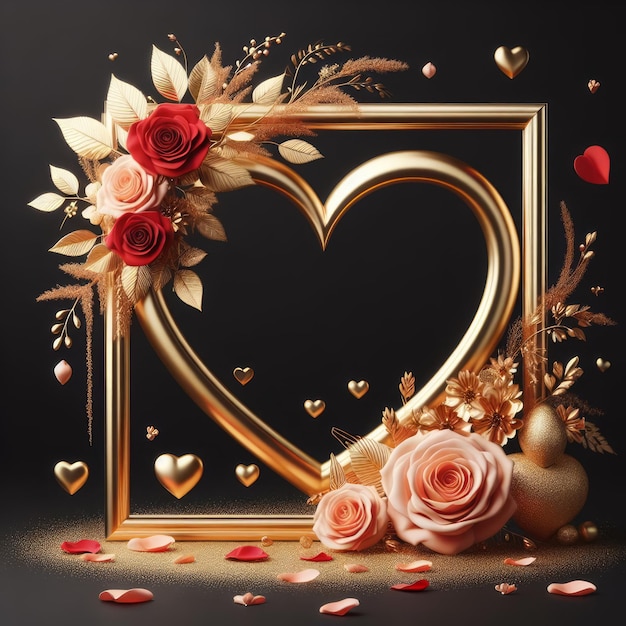 golden wedding frame with peach and red roses decoration ai generated