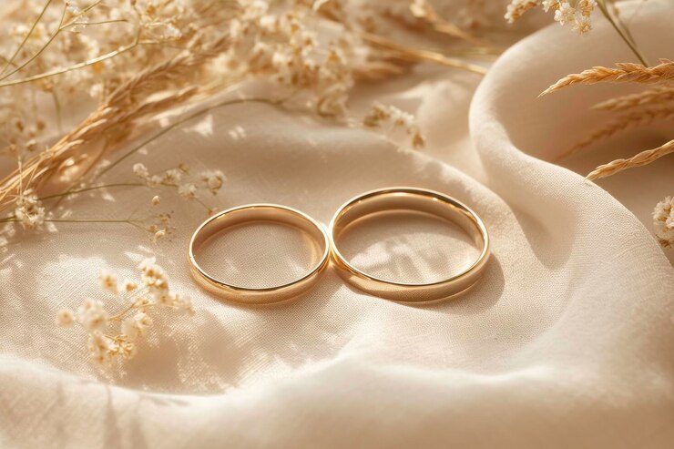 Photo golden wedding rings on elegant fabric with dried flowers