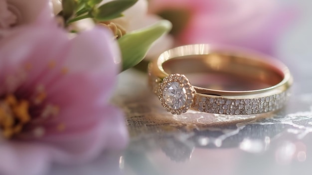 Golden wedding rings and flowers close up Generative AI