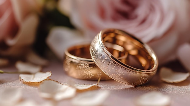 Golden wedding rings and flowers close up Generative AI