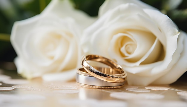 Фото Золотые обручальные кольца на белой розе из свадебного букета