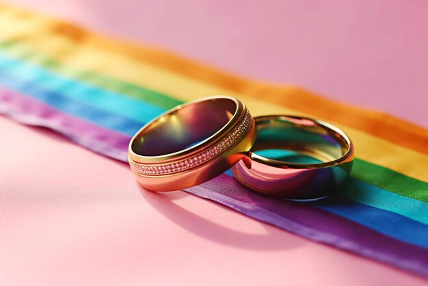 Photo golden wedding rings and rainbow ribbon on background