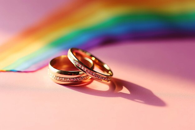 Photo golden wedding rings and rainbow ribbon on background