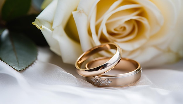 golden wedding rings on the white rose from the wedding bouquet