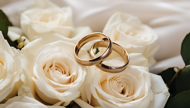 golden wedding rings on the white rose from the wedding bouquet
