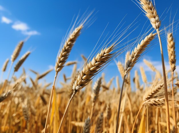 Golden wheat crop in a field with a blue sky in the style of light orange and light navy