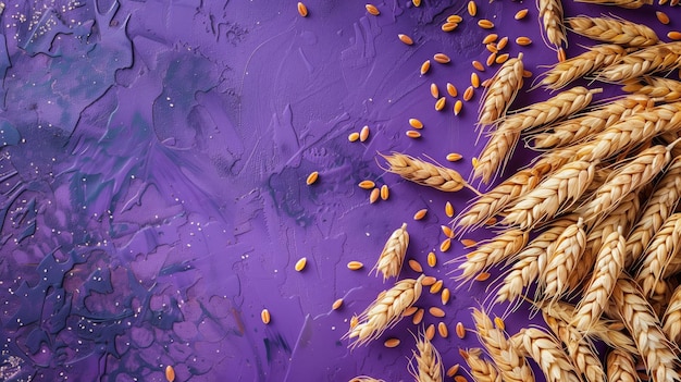 Golden wheat ears and scattered grains on a textured purple background with artistic splatters