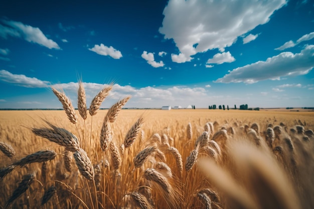 Golden wheat field and blue cloudy sky landscape Generative AI