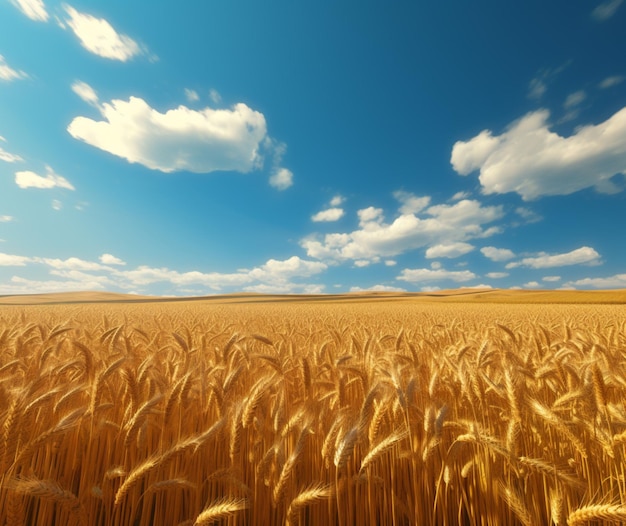 A golden wheat field under a clear blue sky