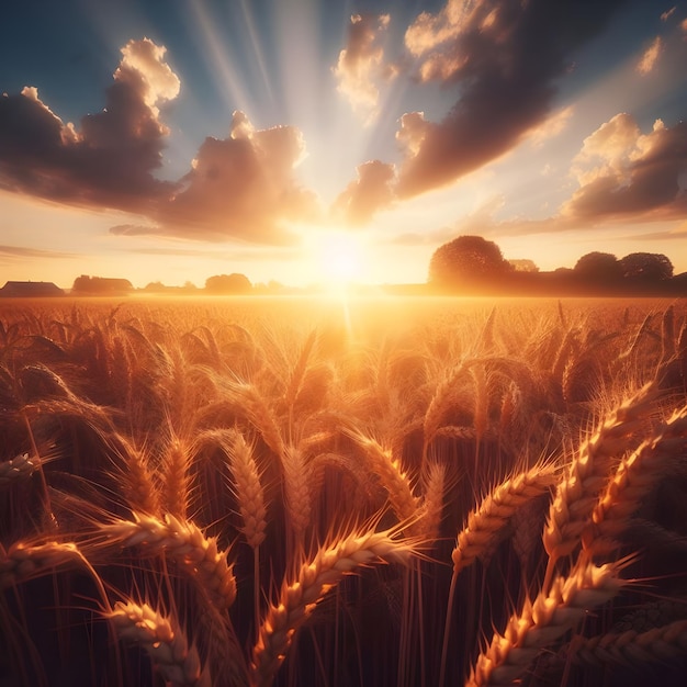 Foto campo di grano dorato sotto un cielo dinamico al tramonto