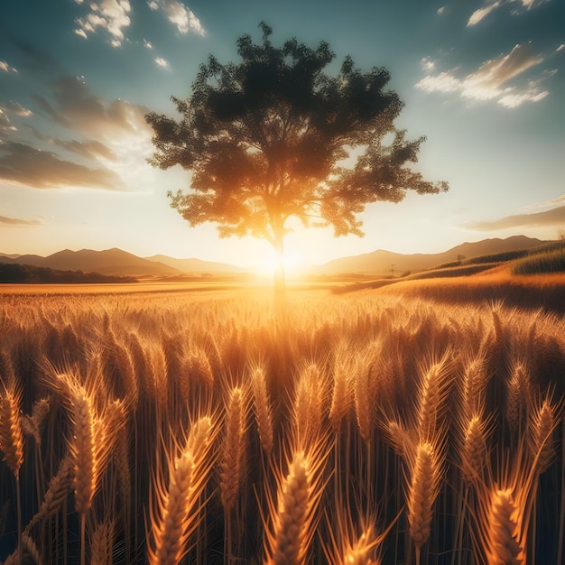 Foto campo di grano dorato sotto un cielo dinamico al tramonto