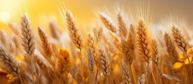 Golden wheat field Ears of golden wheat close up Rich harvest Concept