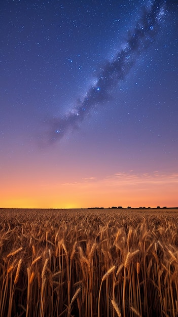 Golden wheat field under a night sky filled with shooting stars