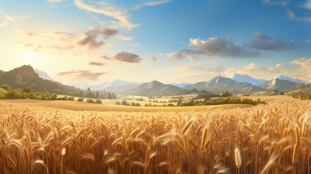 Золотое пшеничное поле в спокойной горной долине