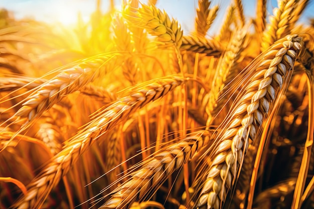 Golden wheat field at sunny day closeup