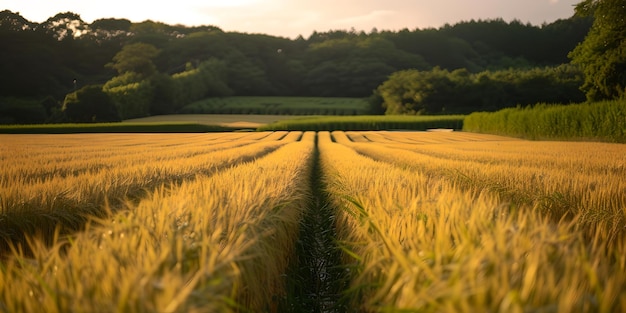 夕暮れの黄金の小麦畑 静かな農業の風景 農作物の列を通る道 背景の使用に最適なAI