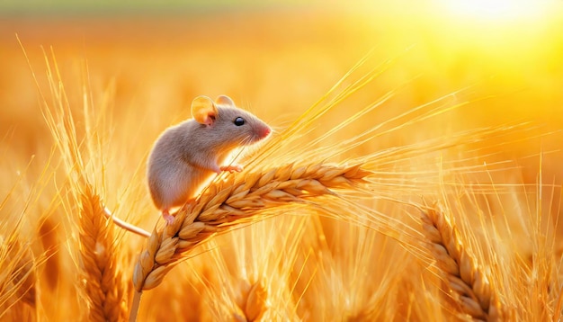 Golden wheat field with cute mouse Warm bright summer day