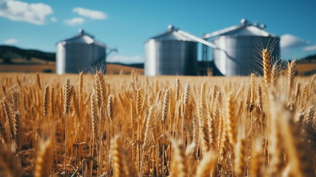 Photo golden wheat field with grain silos in the distance