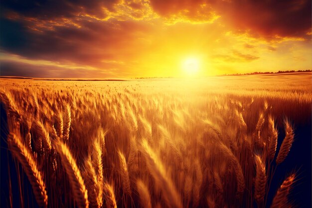 Фото Золотое пшеничное поле с заходящим солнцем позади