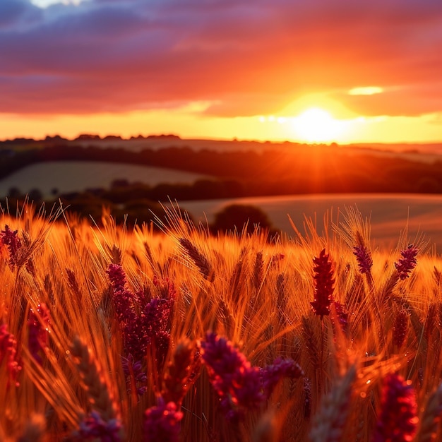 Фото Золотые пшеничные поля сияют на закате.