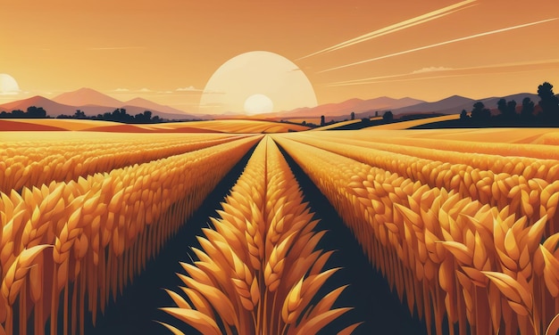 Golden wheat fields glow in the sunset