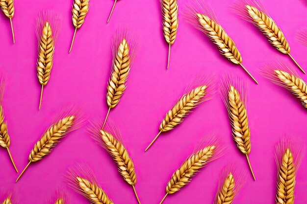 Golden wheat stalks on pink background ai generated