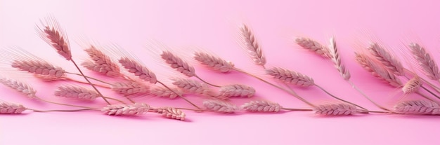 Golden wheat stalks on pink background banner ai generated