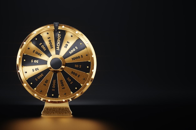 Фото Золотое колесо удачи на темном фоне роскошный стиль черный и золотой казино концепция удача удача азартные игры игорные заведения веб-сайт шаблон 3d иллюстрация 3d рендеринг копирование пространства