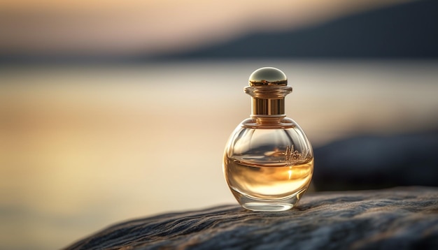 The golden whiskey bottle reflects the sunset beauty in nature generated by AI