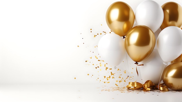 Golden and white balloons with confetti on white background