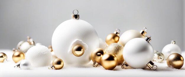 Golden and white christmas balls on a white background festive xmas decoration gold bauble and bright snowflake