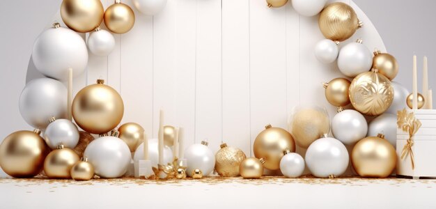 a golden and white christmas decoration with ornaments