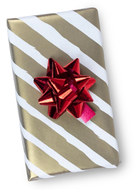 Golden and white gift box with stripes and red bow top view isolated on white