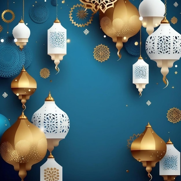 Golden and white lanterns islamic ramadan falling confetti blue background