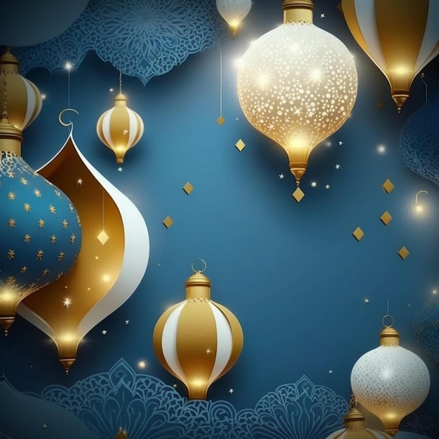황금과 흰색 등불 이슬람 라마단 떨어지는 색종이 파란색 배경