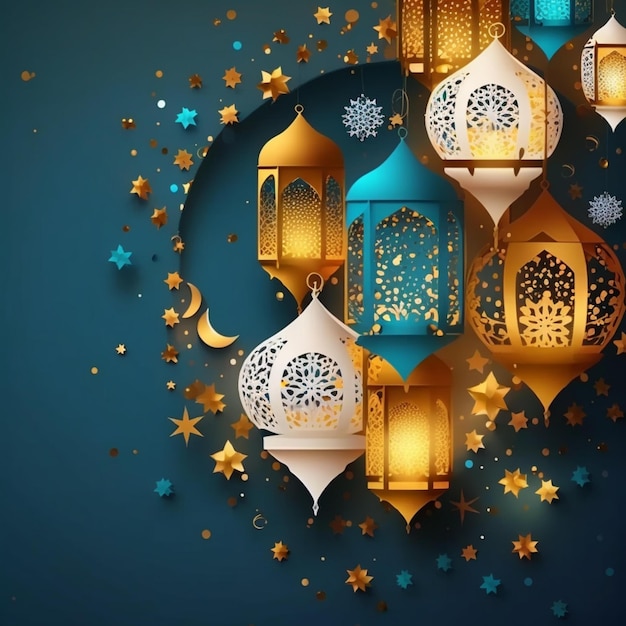 Golden and white lanterns islamic ramadan falling confetti blue background